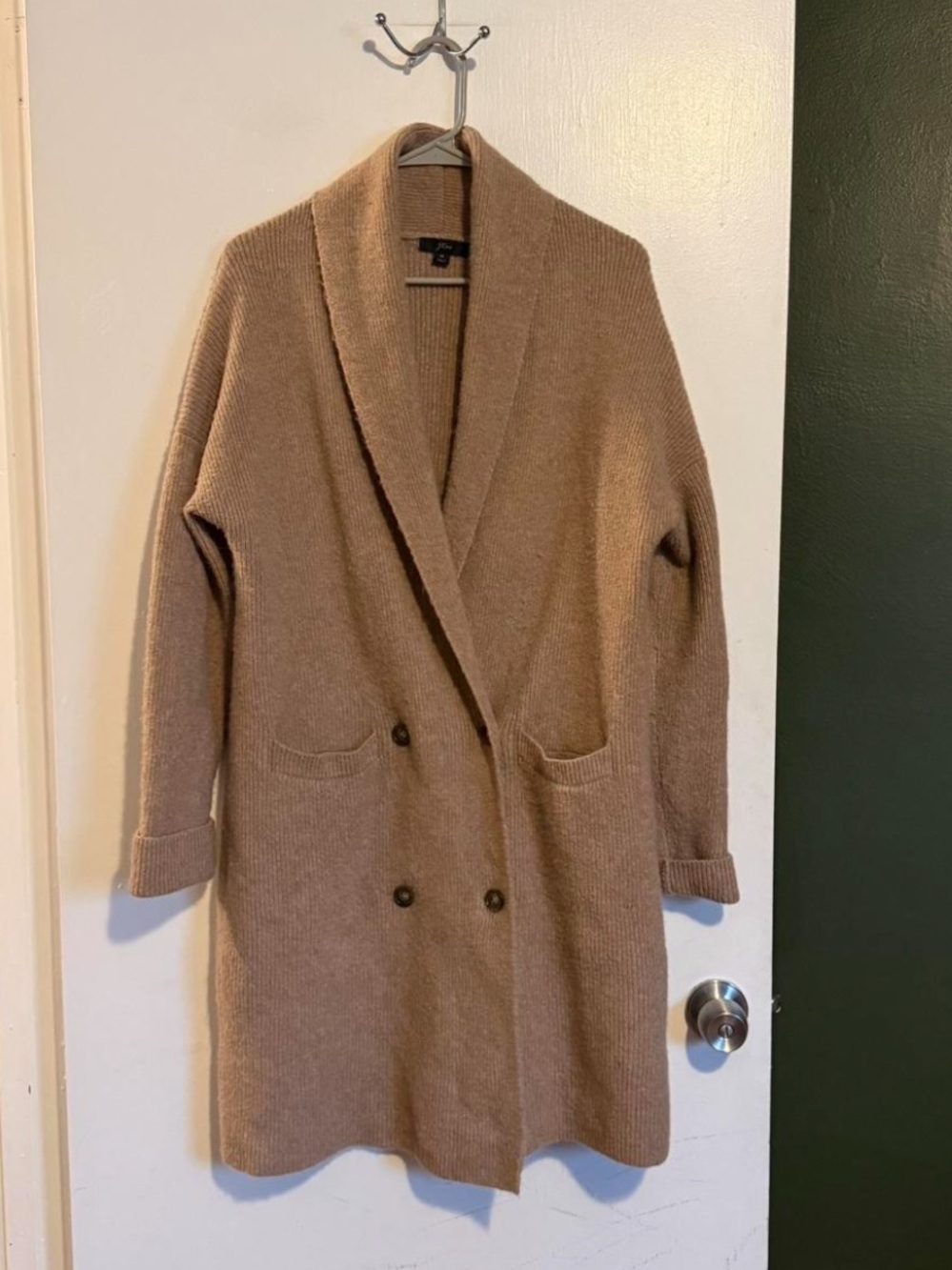 J. Crew tan oversized collared long double breasted cardigan sweater jacket